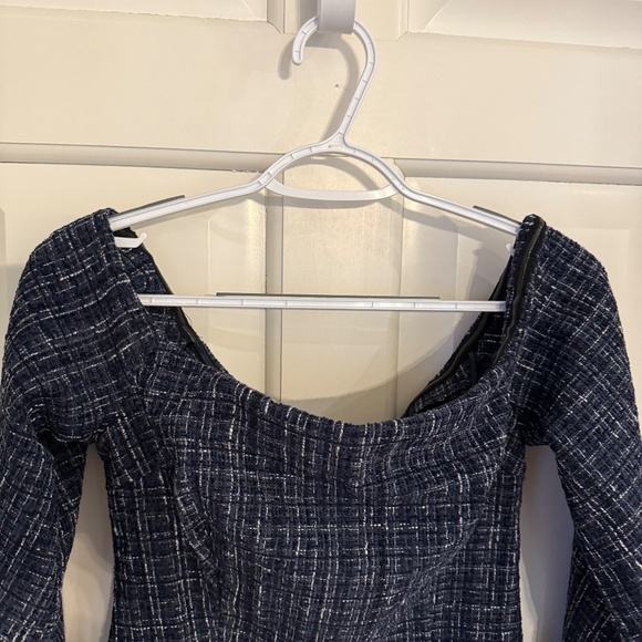 New! Zara Off The Shoulder Square Neckline Top Blue Black Tweed 31940 - Picture 6 of 13